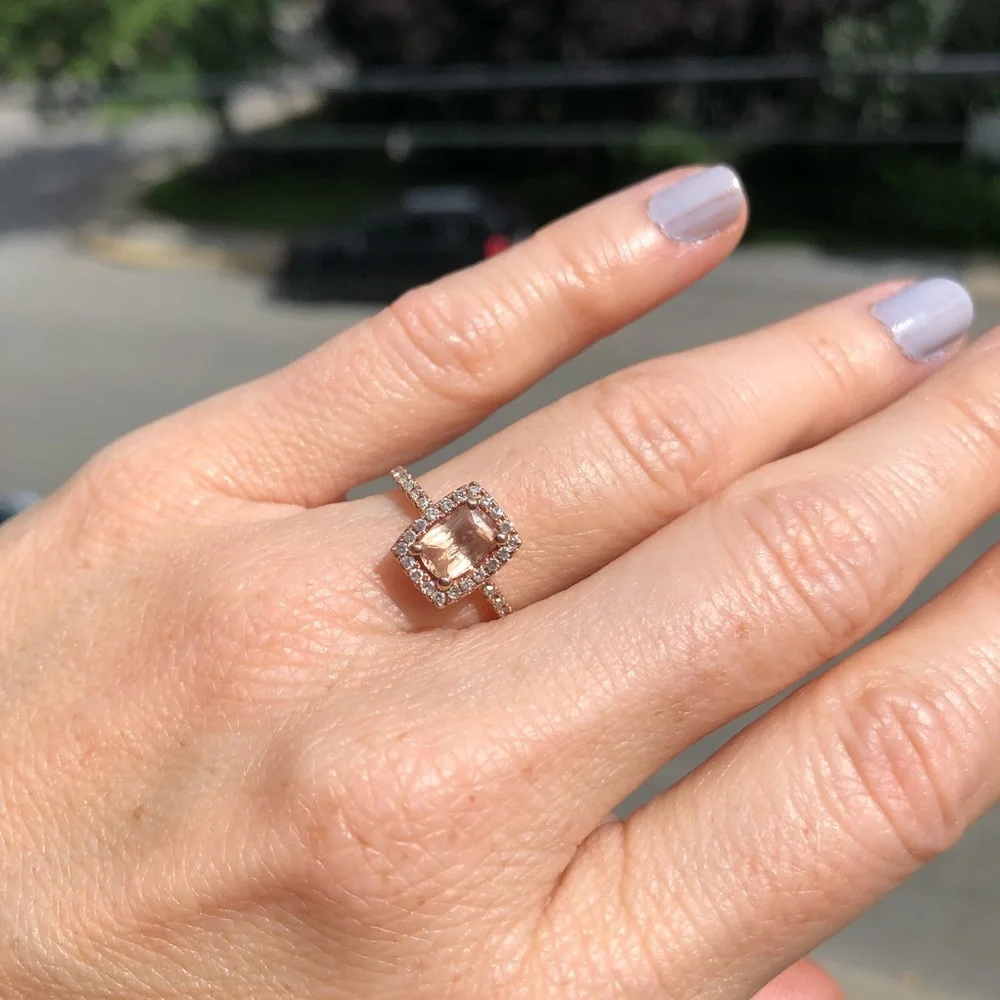 14k rose gold, diamond and emerald cut peach sapphire engagement ring - Picture 4 of 16